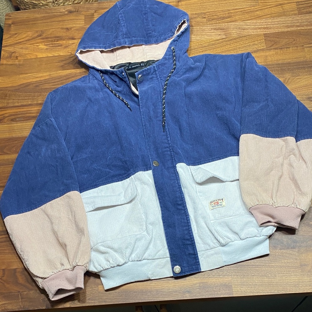 Blue and Pink Corduroy Colorblock Bomber Jacket Hood Zipper Snaps Pockets